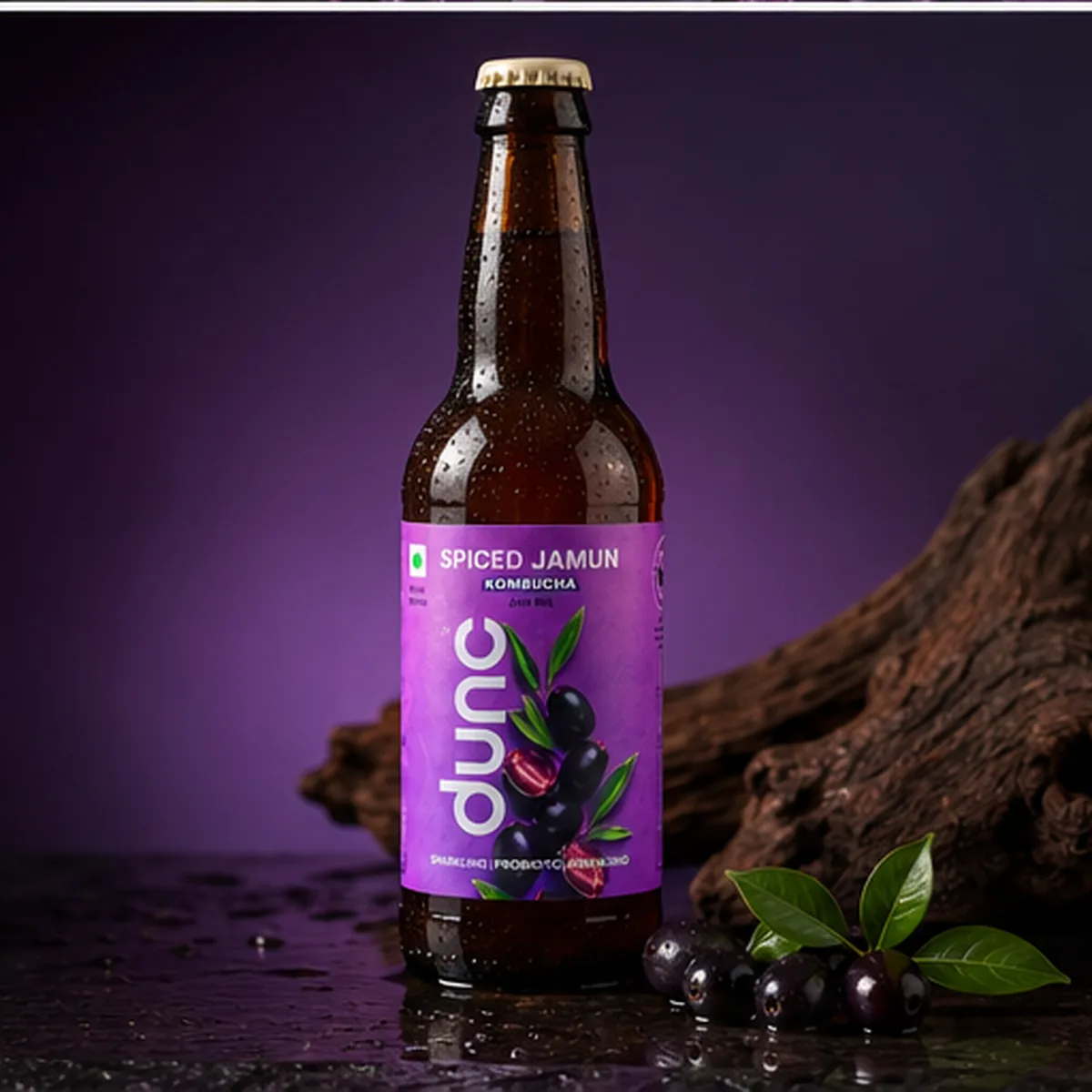 DUNC Spiced Jamun — 330ml sparkling kombucha bottle photography